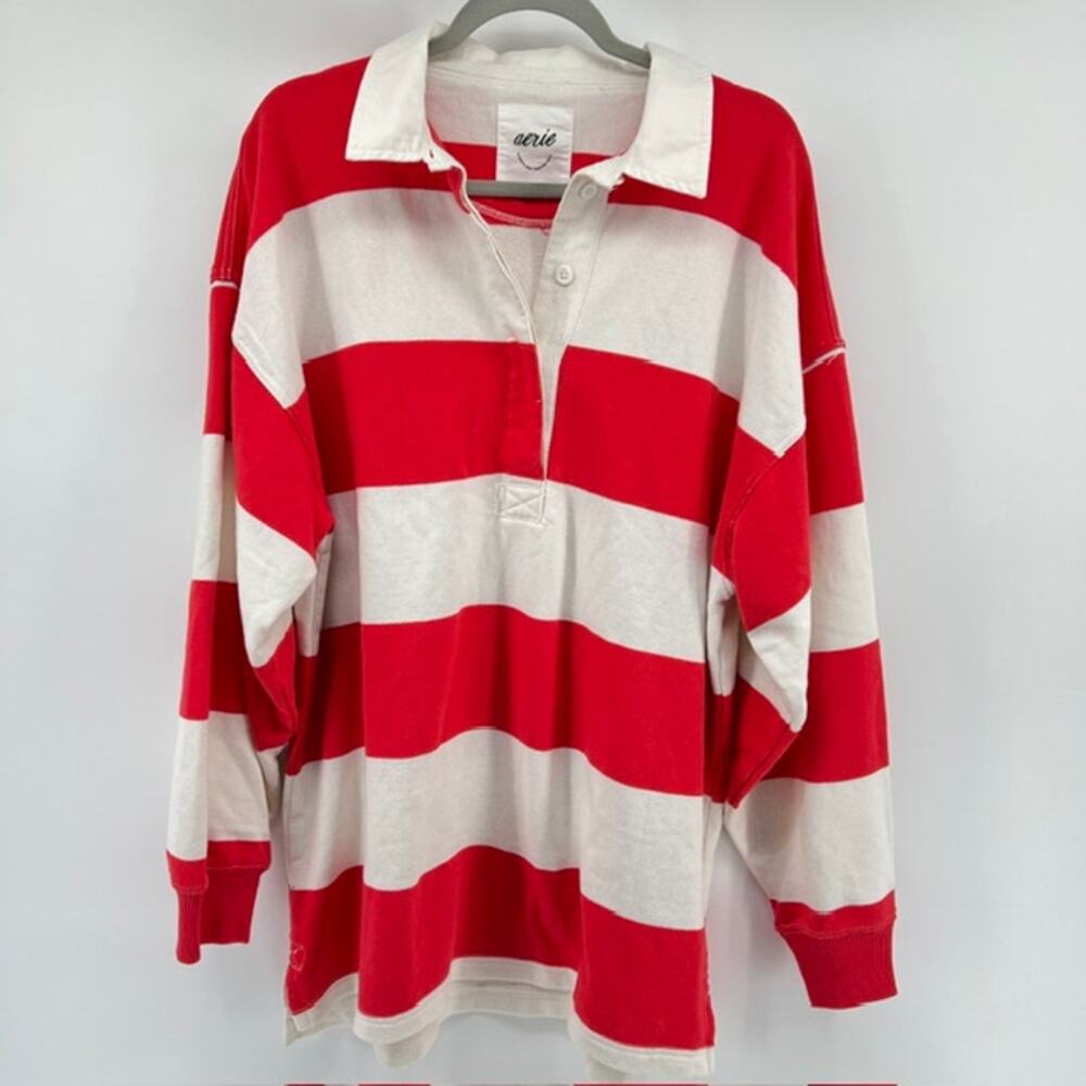 Aerie Rugby Style Pullover Shirt Womens L Oversized Striped Coral Preppy Casual